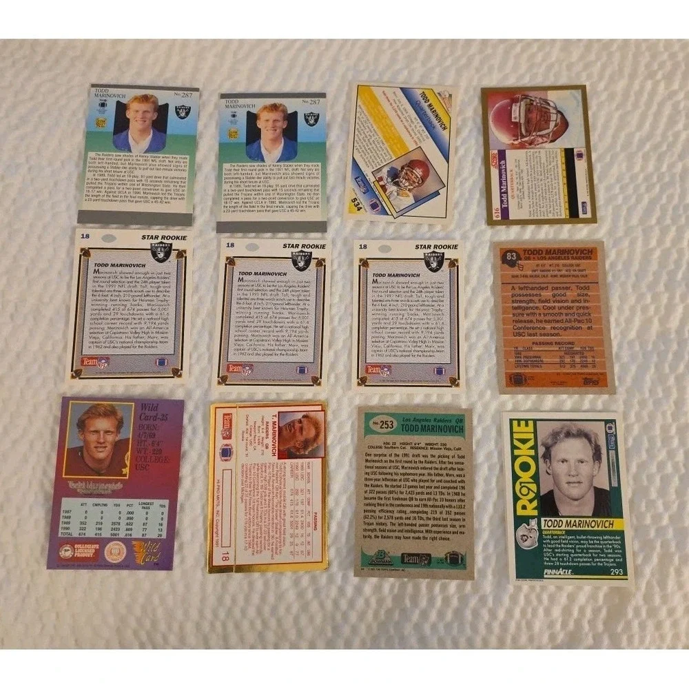 TODD MARINOVICH RAIDERS 1991 ROOKIE CARD AND DRAFT CARD  LOT OF 12 READ